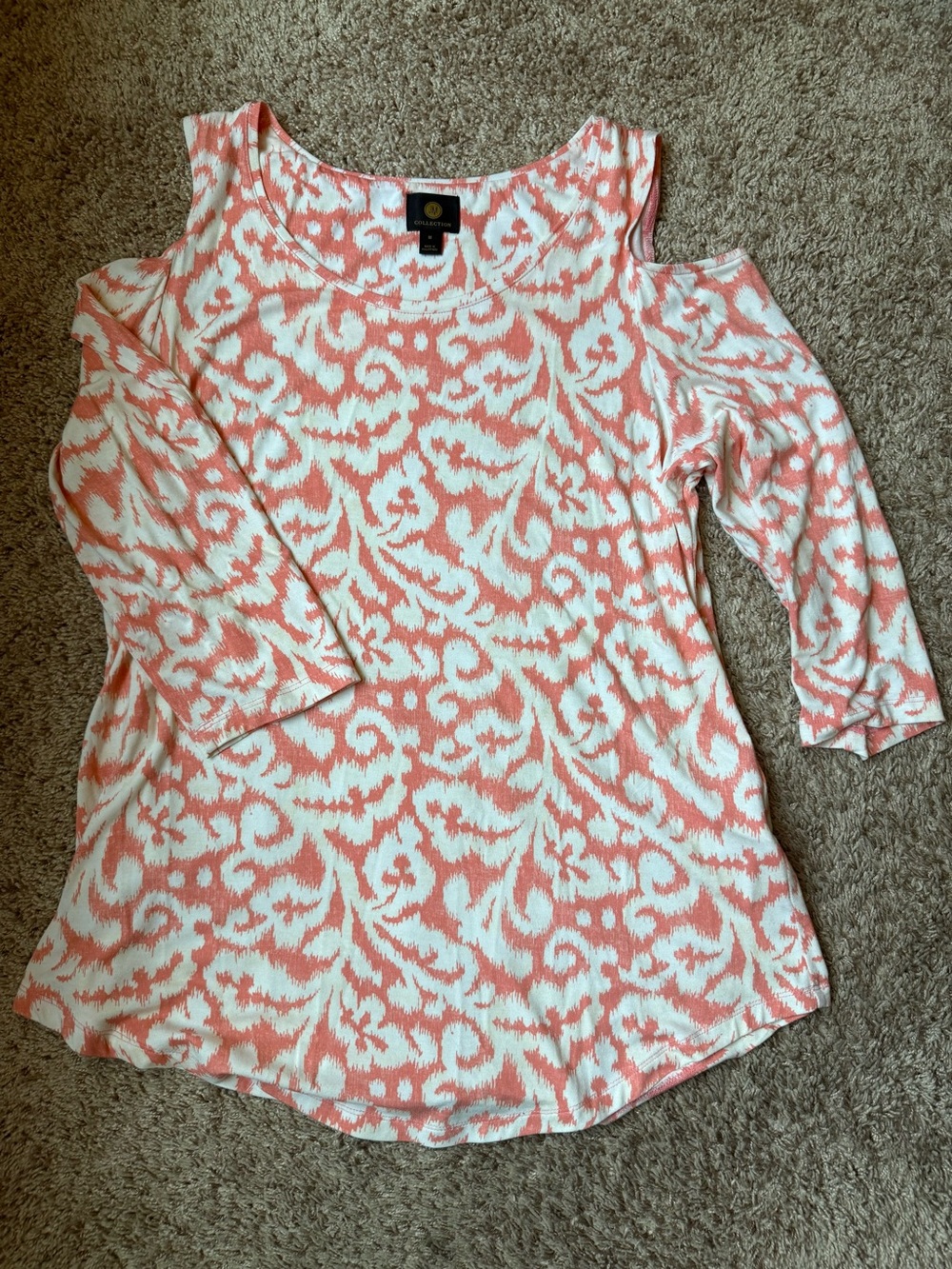 JM Collection Coral and White Cold-Shoulder Printed Top